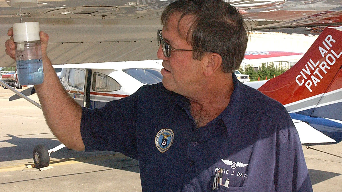 A pilot holds up a clear fuel sampler under the wing of a Civil Air Patrol Cessna 172 during a preflight inspection