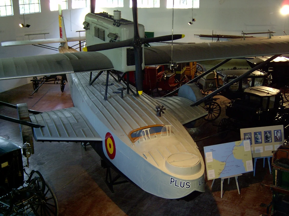 The Dornier Wal flying boat Plus Ultra on display inside a museum hall in Luján, Argentina, seen from the front