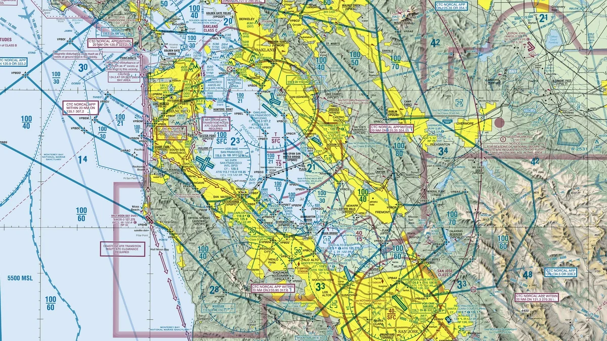 Crop of the FAA San Francisco VFR Terminal Area Chart showing the blue Class B rings around San Francisco International and the magenta Class C around Oakland