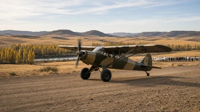 Illustration of a camouflage-painted high-wing bush plane with large tyres on a dirt strip in a dry valley at sunset, with poplars and spectators behind